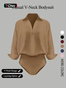 Women's casual loose V-neck long-sleeved shirt jumpsuit, elegant Solid lightweight woven fabric, slim fit, fitted, suitable for all seasons, and can be layered flexibly, Womenswear