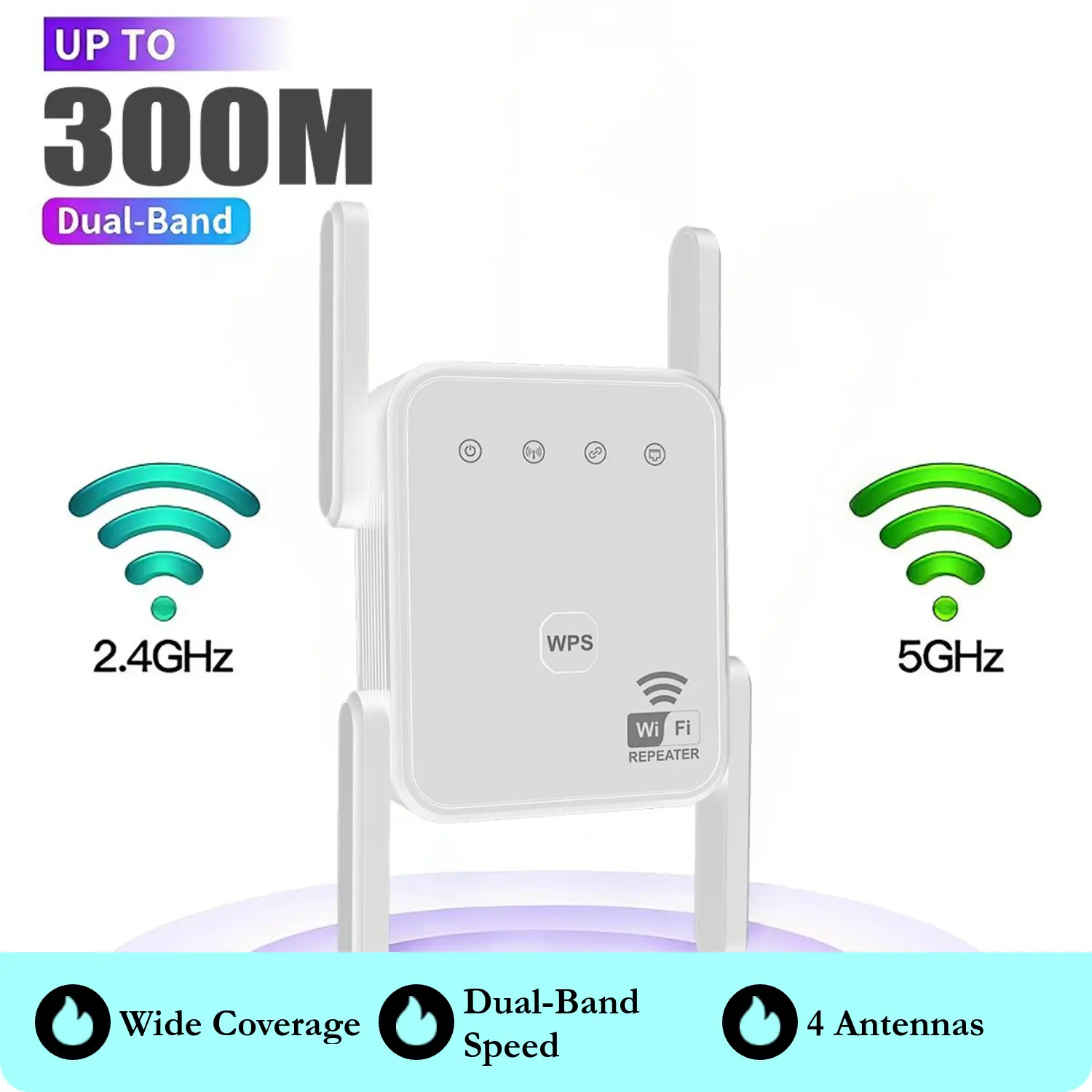 Dual-Band 300Mbps 802.11n WiFi Repeater - 2.4GHz-5GHz Frequency, 4 High-Gain Antennas, 2000 Sq Ft Wide Coverage, Reliable Performance, Signal Boost, Easy Plug & Play Setup, 50+ Device Support, Home & Office Use