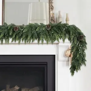 Realistic Christmas Garland for Mantle 6FT Real Touch Thick/Lush Artificial Cedar Garlands with Pine Cones/White Berries Decorations Indoor Christmas Garland for Stairs Railing Outdoor Holiday Decor