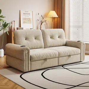 77" Cozy Chenille Pull Out Sofa Bed, 2-in-1 Sleeper Couch with USB Charging & Cup Holders, Space Saving Aesthetic Furniture for Apartment/Living Room, folding table couch loveseat sleeper