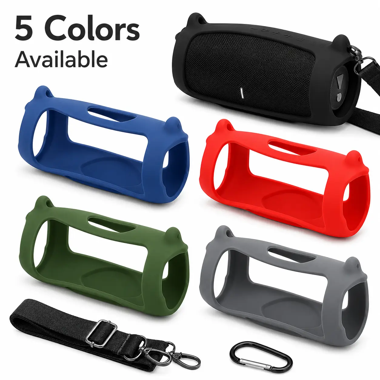【Only Case】Silicone Protective Case for JBL Charge 5, Case Only with Shoulder Strap and Carabiner, Shockproof Anti-Slip Portable Speaker Cover Sleeve, Outdoor Travel Carrying Accessory, Speaker Not Included