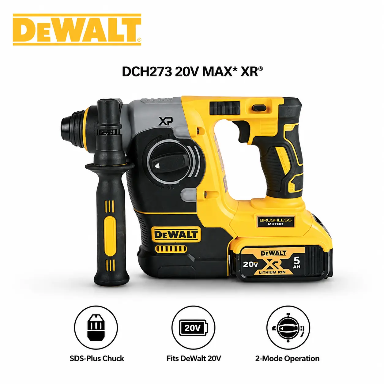 DEWALT DCH273 SDS Plus Cordless Rotary Hammer - 2-Mode Operation, 1100RPM, 4600BPM, Safety Protection for Contractors, Concrete/Masonry/Metal Drilling (Hand Tool for Tools & Hardware)