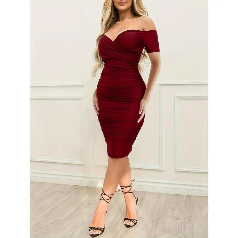 Women's Elegant Off-Shoulder Ruched Midi Dress - High Waist, Open Back, Long Sleeves, Bodycon Party & Wedding Dress, Red, Sexy Retro Style, Soft Stretch Fabric, Suitable for Nightclub or Formal Occasions, Cute Dress(Sheets)1123