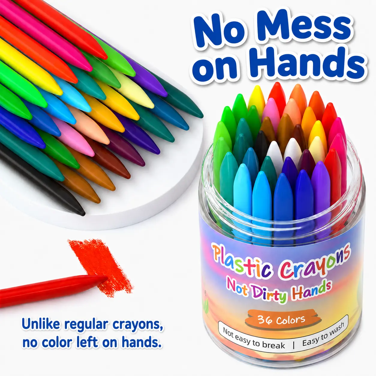 No-Mess Plastic Crayons Set with 2 Coloring Books, 12/24/36 Kids Coloring Crayons, Break-Resistant, Water-Resistant, Easy Grip Drawing Set for Toddlers & Kids