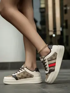 Women's Retro Versatile Random Print Letter Stripe Board Shoes, Fashion Trendy Colorblock Front Lace-Up Height-Boosting Thick Soled Shoes Casual Trainer Sports Shoes Sneaker