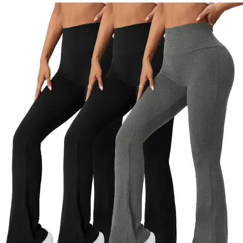 3 Pack High Waisted Flare Pants For Women, Super Soft Tummy Control Bell Bottoms, No See Through Activewear Pants Fitness Clothes Workout & Yoga Athletic Leggings, Shaping Leggings, Athleisure Bottoms, Flared Bootcut Leggings