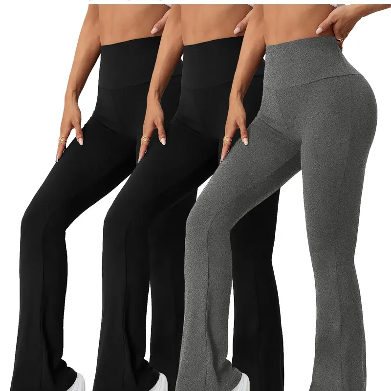 3 Pack High Waisted Flare Pants For Women, Super Soft Tummy Control Bell Bottoms, No See Through Activewear Pants Fitness Clothes Workout & Yoga Athletic Leggings, Shaping Leggings, Athleisure Bottoms, Flared Bootcut Leggings