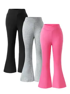 Toddler Girls 3-Pack Flare Leggings with Crossover High Waist, Little Kids Bell Bottom Yoga Pants for 3-4-5-6-7 Years, Black Grey Hot Pink Stretch Trousers, Trendy Back to School Apparel All Season Activewear Multi-pack Value Set Fashion Gift.