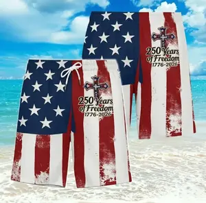 Patriotic USA Flag&Cross Men's Beach Shorts 1776-2026 - 250 Years Celebration Quick-Dry Shorts, Gift for Dad