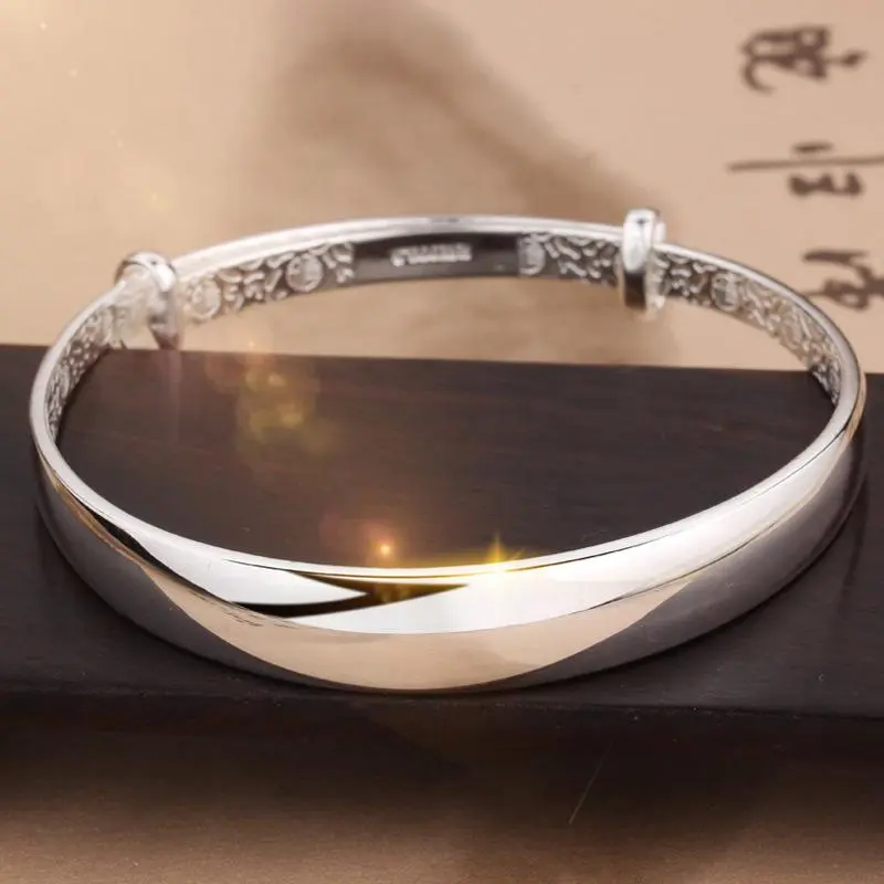 Fashion 925 Sterling Silver Round Bracelet Bangles Trendy Simple Big Bangle for Women Jewelry Gift