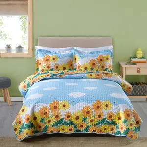 100% Cotton Yellow Sunflower Quilt Bedspread Set Honey Bee Bedding Decor Blue Sky Bedspread Bedroom Coverlet Blue