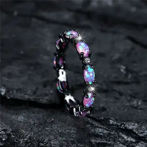 Purple Fire Opal Engagement Ring Cute Small Oval Stone Wedding Rings For Women Vintage Black Metal Band Jewelry Bridal Accessory