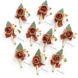 Boutonniere for Men, 10pcs Groomsmen Guest Boutonniere with Built-in Pins, Artificial Flowers for Wedding Décor/Prom/Homecoming,etc.Fall Terracotta Orange