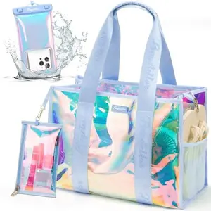Bagstellar Beach Bag for Women Clear Iridescent Zipper Pool Swim Beach PVC Tote Bag w/Makeup Bag & Waterproof Phone Pouch Summer Essentials for Sports Events Concert Beach Work Swimming pool Easter Basket Organiser