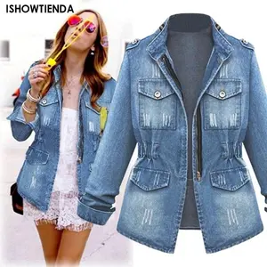 Denim Jacket Womens Casual Solid Casual Oversize Autumn Ladies Slim Jeans Chain Jacket Pocket Coat  Plus Size