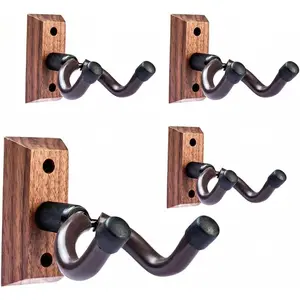 Guitar Wall Mount Hanger Brown Walnut 4 Pack, Guitar Wall Hangers Hooks Holder Stand Display with Screws - Easy to Install - Fits Guitars, Bass, Mandolin, Banjo