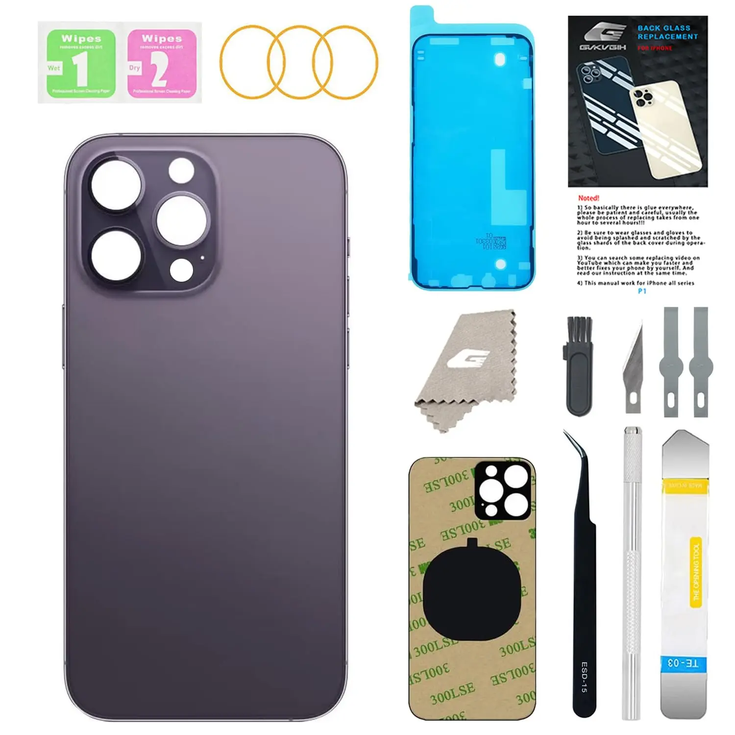 GUPFIX Back Glass Replacement for iPhone 14 Pro Max with Pre-Installed Adhesive & Repairing Tool Kits, Big Hole Rear Back Cover Glass