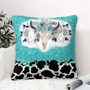 Western Cow Skull Floral Throw Pillow, Cow Print Cushion, Turquoise Rose Cowboy Accent Pillow (Includes Pillow Core), Boho Decor for Western Style Bedroom & Sofa