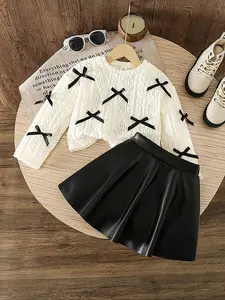 2-piece Cute Clothing Set for Girls with Bow Lace Long Sleeve Top and PU Leather Skirt, Cute and Stylish Casual for Spring & Fall, Perfect for Outdoor and Parties, Fine Girls Outfit
