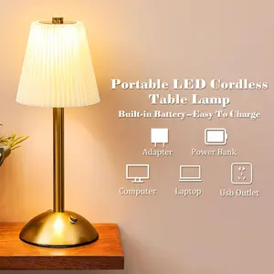 Modern Pleated LED Ambient Light, Touch Control Wireless Desk Lamp, USB Rechargeable, 3 Color Adjustable, Vintage Fabric Shade