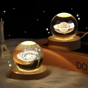 Glowing Crystal Ball 3D Inner Carved Small Crystal Ball Light with Wood Base, Decorative Creative Gift Luminous Crystal Ball for Christmas Classmates and Kids Birthday Home Interior