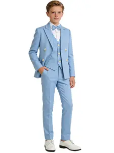 Men's Herringbone 4-Piece Formal Suit | Double-Breasted Blazer + Vest + High Waist Pants + Bow Tie | All-Season Wear for Weddings, Parties & Events | Washable, Non-Stretch Fabric, Ideal Gift Formal Attire