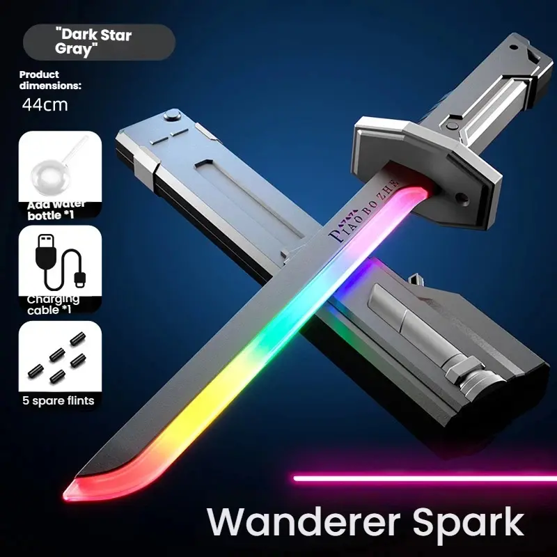 Rechargeable Light Up Katana Toy - RGB LED Spray Sword with Fire Spark, Mist & Sound Effects for Kids