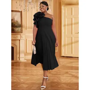 [Plus Size] Floral Design One Shoulder Bubble Sleeve Bustle Dress, Elegant Fashion Casual Ruffle Trim Evening Party Gown, Women Plus Clothing for All Seasons