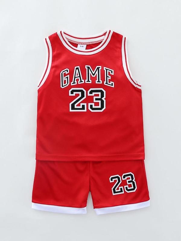 Two-Piece Set Boy's Basketball Jersey Set, Contrast Binding Sleeveless Basketball Vest & Shorts, Summer Clothes for Kids Outdoor Sports