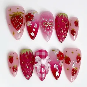 3D Strawberry Press On Nails, Cute Pink Gingham Nails with Flowers, Bows & Pearls, Coquette Fake Nails for Birthday, Date, Summer Look