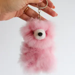 Handmade Fluffy Pastel pink teddy bear keychain - Authentic alpaca fur teddy bear keychain, ethically sourced