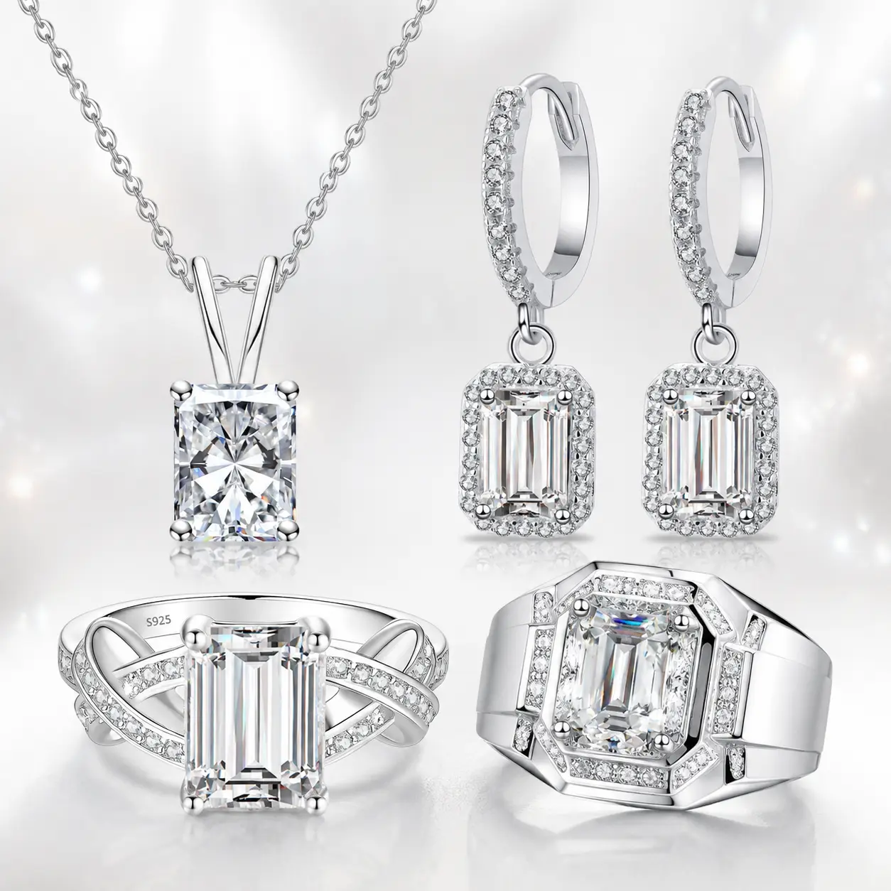 Luxury Moissanite Jewelry Set for Couples – 925 Sterling Silver Ring, Necklace & Earrings 4-Piece Matching Set