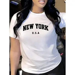 Trendy Women's Semi-Sheer Tee with NEW YORK U.S.A.Bold Print Round Neck Medium Stretch
