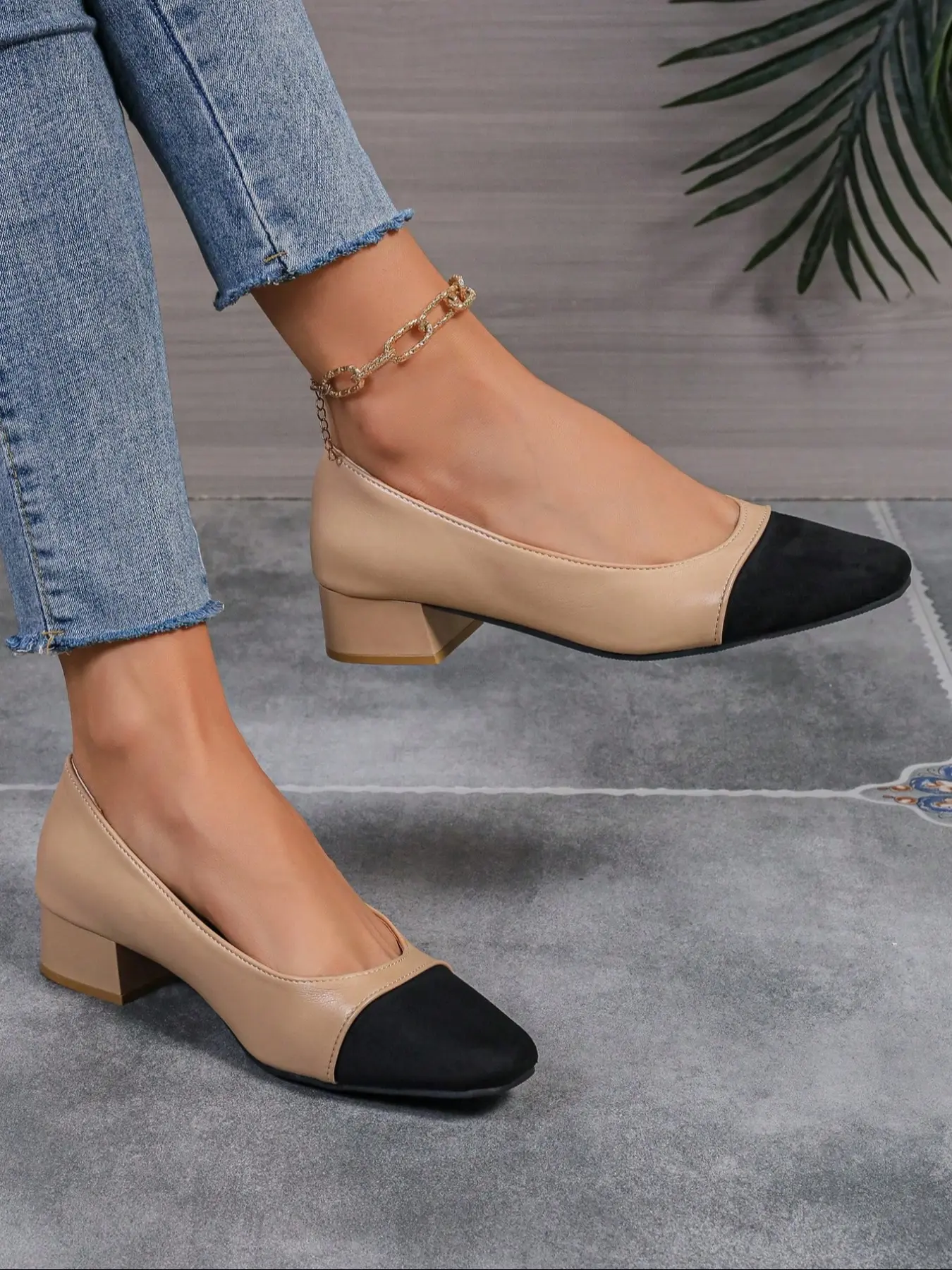 Women's High Heel Shoes, Leather Patchwork Design, Rubber, Spring & Fall Collection, Comfortable Elegant Women's Footwear, Stylish Ladies' Shoe Options, Chunky Heel Pumps, Classic Elegant Shoes, Elegant Heeled Shoes