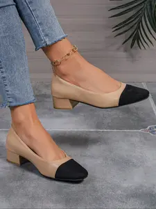 Women's High Heel Shoes, Leather Patchwork Design, Rubber, Spring & Fall Collection, Comfortable Elegant Women's Footwear, Stylish Ladies' Shoe Options, Chunky Heel Pumps