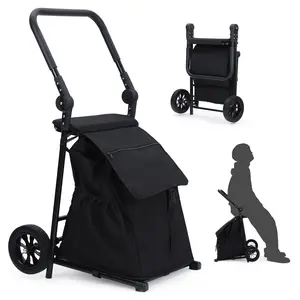 【GARVEE】2-in-1 Foldable Grocery Cart and Heavy Duty Hand Truck with Cushioned Seat, Removable Waterproof Bag, and Portable Trolley Dolly Utility Cart for Easy Rolling Shopping