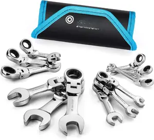 Stubby Flex- Ratcheting Combination Wrench Set, Metric, 12-, 8-19mm, CR-V Steel, with Pouch