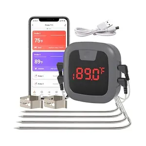 New HBN Bluetooth Meat Grill Thermometer with 4 Probes, Wireless Barbecue Cooking Thermometer with Alarm & Timer, Rechargeable BBQ Thermometer for Smoker, Oven, Kitchen