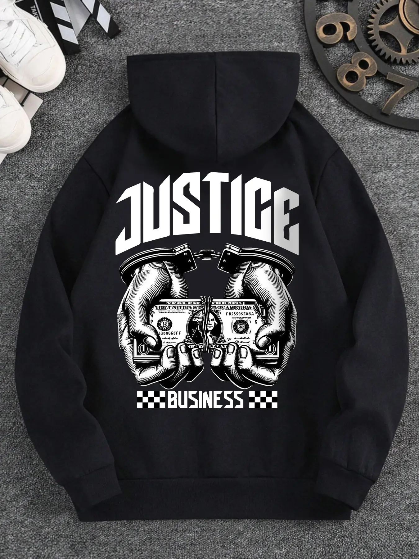 Men's Controversial Art Baggy Hoodie - Menswear Longsleeves Loose Top, Casual Oversized Sweatshirt with Eye-Catching Shackles, Money Motifs, Contrasting Words for Edgy Streetwear, Sweatshirts, Pullover, Machine Wash, Normal Type, Polyester Fiber, Shackles