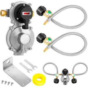 RV  Regulator 2 Tank-2-Stage Auto Changeover LP  Regulator, 18 Inch Pigtail Hoses (2 Pcs) with Gauge, 1/4" Inverted Male Flare / QCC1 Fitting, 3/8" NPT Female, for RVs,, Camper