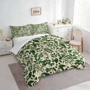 Boho Natural Style Plant Comforter Set, Includes 1 or 2 Pillowcases, Cream Base + Deep Tropical Leaf Print, Breathable, Wind Bedroom Decor