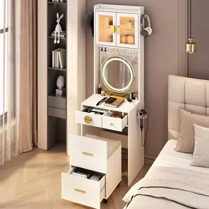 3 in 1 Vanity Desk with Movable LED Lighted Mirror & Wheeled Padded Stool, Vanity with DIY Pegboard & Drawer, Makeup Vanity with Lighted Cabinet