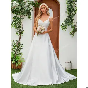 Style Dress Bridal Length - Floral Neck V Suspender Satin Wedding - Romantic Floor Bohemian White Elegant