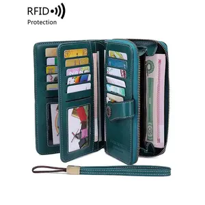 Women's long wallet, stylish clutch, elegant solid color RFID blocking leather wallet, long wallet with wristlet, zipper pocket and card slots, slim trifold wallet, suitable for everyday use, large capacity wallet,  student wallet, holiday gift