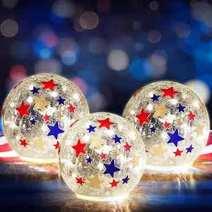 3 Pcs 4th of July Decorative Lights, 3.94 Inch Crackle Glass Star LED Globe Lights, Battery Operated Patriotic Lamp for Party Outdoor Garden Patio Indoor Independence Day Gifts Home Decor