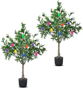 Set of 2 Easter Olive Trees Artificial Indoor, 3.6 FT Tall Faux Olive Tree with Lifelike Fruits, Easter Eggs, Planters Outdoor Fake Plants Bushes Ever-Greenery for Home Office Decor
