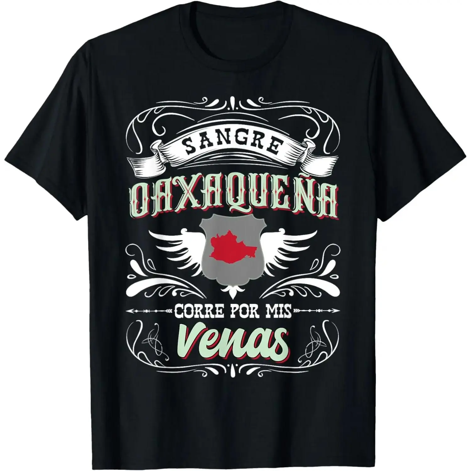 Men's Shortsleeve Pure Cotton Round Neck Graphic T-Shirt - Unisex Top from Oaxaca, Mexico with "Oaxacan Blood Runs Through My Veins" Print