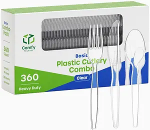 Comfy Package [360 Combo Pack] Basic Clear Plastic Silverware, Heavyweight Disposable Utensils - 180 Forks, 120 Spoons and 60 Knives Cutlery, Perfect for Wedding, Parties and Events