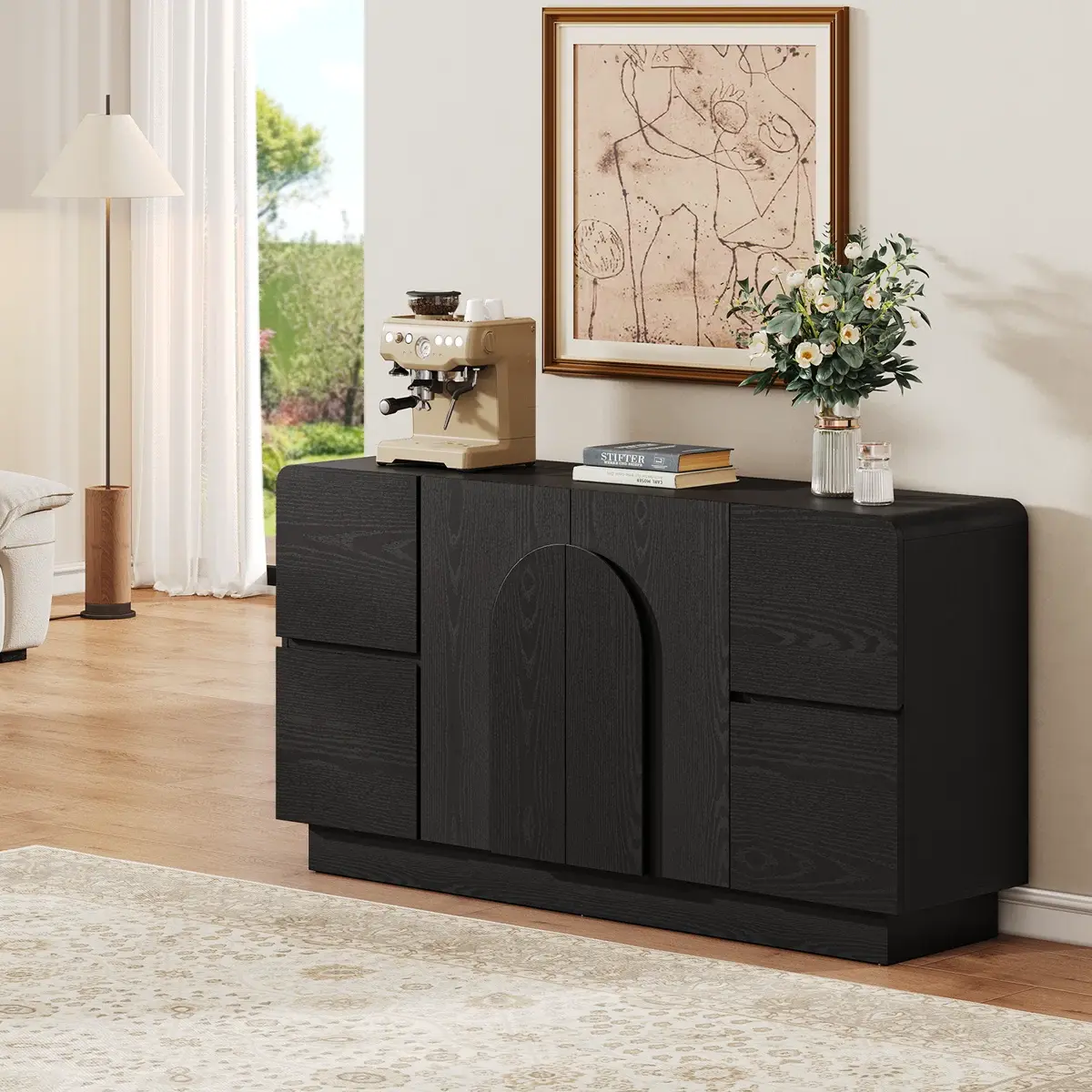 【DealsforYouDays】ONBRILL 60" Width Sturdy Durable Wood Sideboard - Storage Organizer with 4 Drawers, Adjustable Shelves, Curved Design, Arched Doors, Round Handles, Mid-Century Modern Accent Cabinet for Dining Room, Assembly Required, 20 - 25 Kg