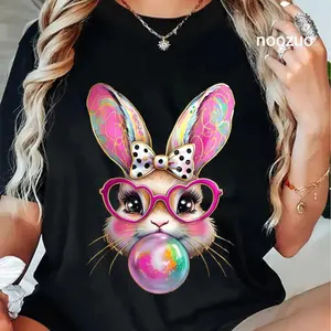 Unisex Happy Easter Bunny Cotton Casual T-Shirt with Coquette Bow Brushstroke Design